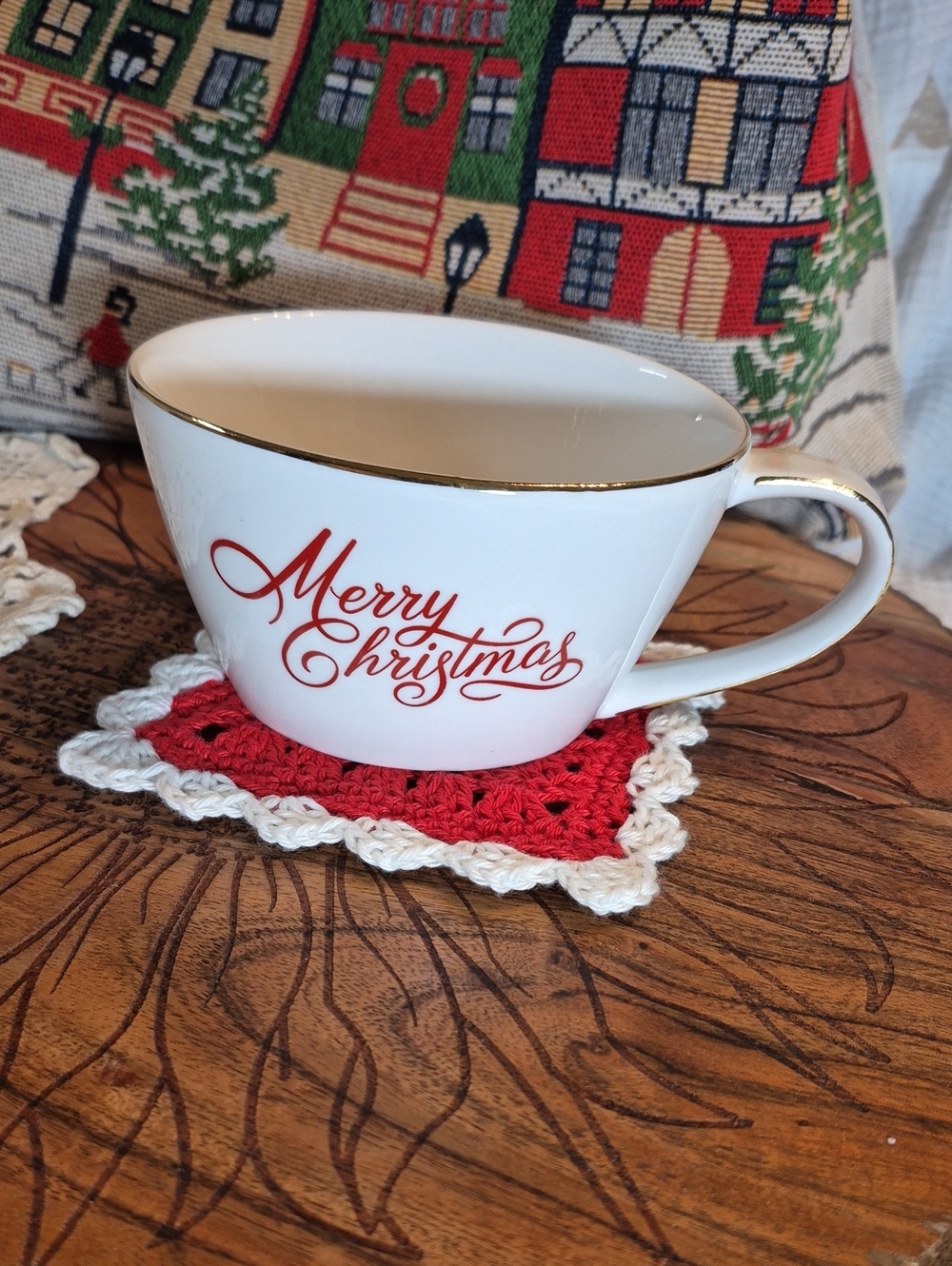 GRACE Fine Porceline Tea/Cocoa Cup▪︎Merry Christmas▪︎Handmade Crochet Coaster